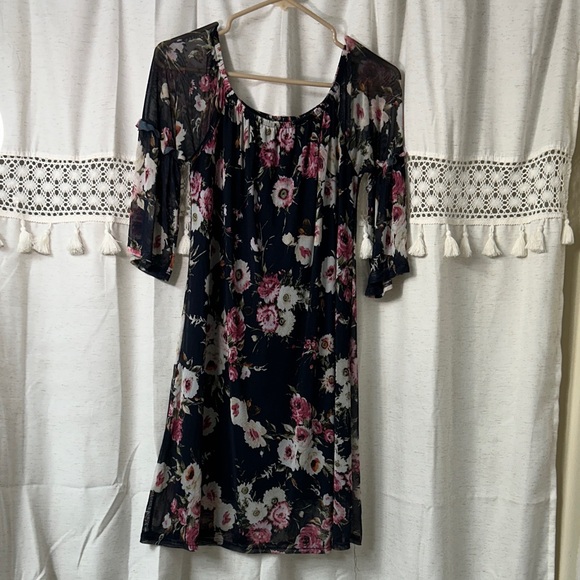 Potter's Pot Dresses & Skirts - Potter's Pot Navy Floral Off-the-Shoulder Mini Dress with Pink Blooms